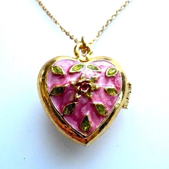 Pink Cloisonne Heart Locket Stainless Steel Hypoallergenic Necklace Chain #7009 - Picture 6 of 10